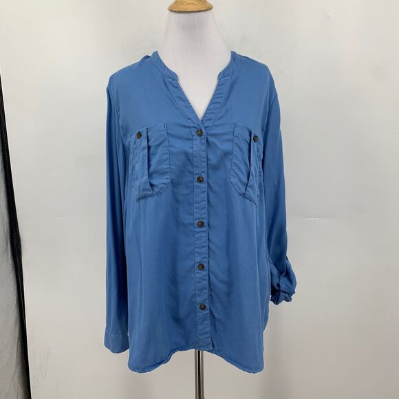 J Jill Shirt Women L Large Copen Blue Tab Sleeve Button Up Pockets Long Sleeve - Picture 2 of 14